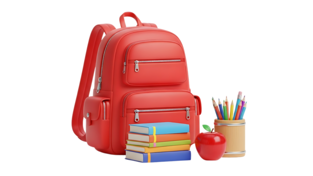 Bright red school backpack with stacked colorful books colored pencils and red apple isolated on a transparent background - Powered by Adobe