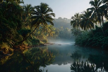 Obraz premium Serene tropical landscape at sunrise shows a calm river reflecting lush green palm trees and dense jungle vegetation under a golden haze.