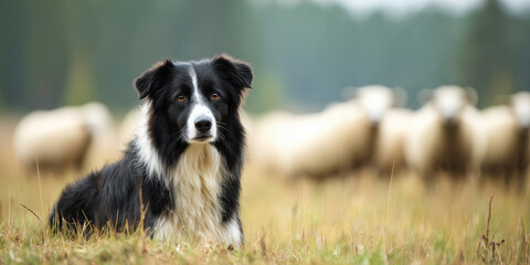 Border Collie herding sheep in a rural meadow.