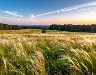 Golden feather grass sways in a gentle breeze under a blue sky.