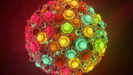 Vibrant colorful virus particle 3d rendering with glowing orange green and pink proteins on surface against dark background