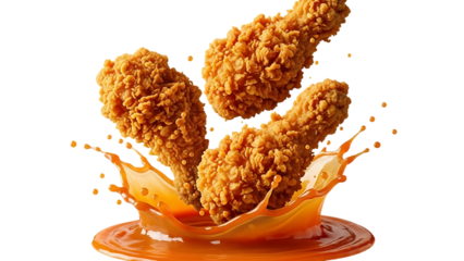 Crispy golden cereal clusters dripping with rich caramel sauce on dark background isolated on a transparent background