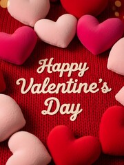 Soft plush heart shaped decorations arranged on a textured red knitted background celebrating love and romance