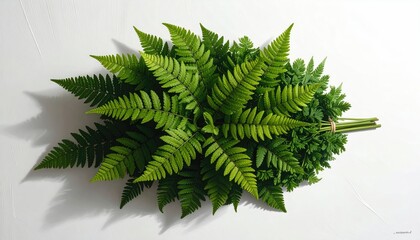 Freshly Cut Fern Bouquet Presentation on a White Surface
