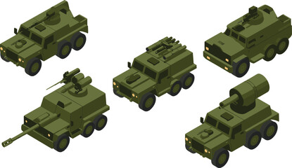 Isometric 3D illustration of military armored vehicles with mounted weapons and cannons in green camouflage for defense and combat concept © MSAYASHA