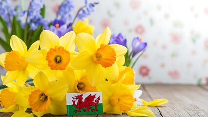 Welsh flag miniature with bunch of yellow daffodils on wooden table indoors