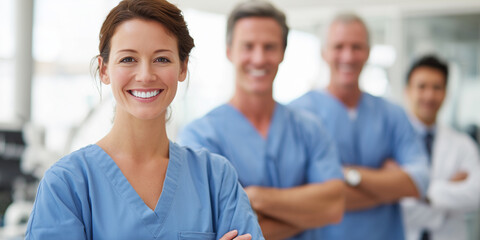 Smiling female healthcare professional in blue scrubs standing confidently in front of a diverse medical team inside a modern clinic.