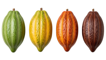 Four sequential stages of ripening nuts from green to dark brown in side view isolated on a transparent background