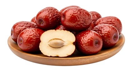 Fresh lychee fruits with one peeled showing white flesh on wooden plate isolated on a transparent background