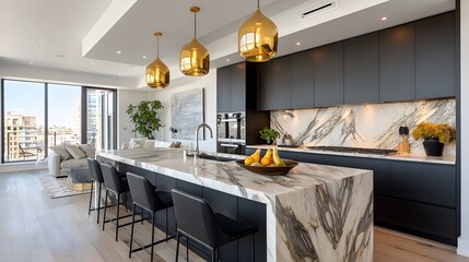 Sleek modern kitchen showcases matte black flat-panel cabinets, white marble countertops with dramatic veining, and luxury gold lighting.