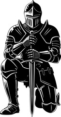 Obraz premium Medieval Knight Kneeling With Sword silhouette vector illustration