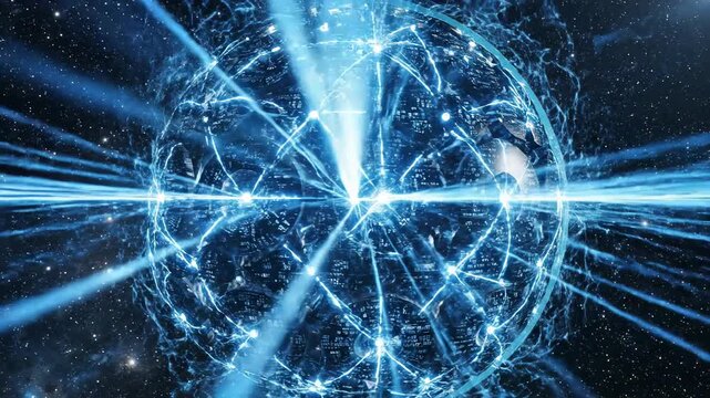 High-speed seamless looping of neon blue laser beams tracing rapid data pathways across a segmented spherical network in deep black space cyberpunk, tracing rapid data pathways, bandwidth