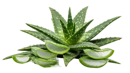 Obraz premium Freshly sliced green aloe vera leaves with gel and whole leaf on dark background isolated on a transparent background