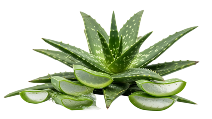 Freshly sliced green aloe vera leaves with gel and whole leaf on dark background isolated on a transparent background