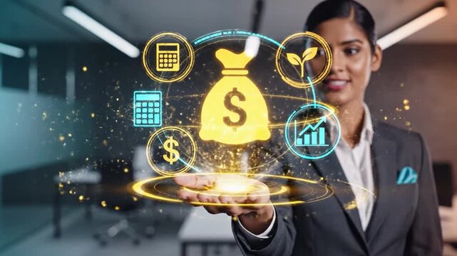 Financial Empowerment: An astute businesswoman elegantly showcases a dynamic interface of financial concepts, including the symbol of the dollar.
