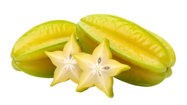 Freshly sliced ripe yellow star fruit with translucent seed-filled centers on dark background isolated on a transparent background - Powered by Adobe