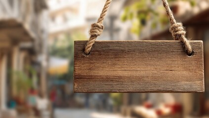 Close-up view of a blank wooden sign hanging from knotted ropes against a blurred backdrop