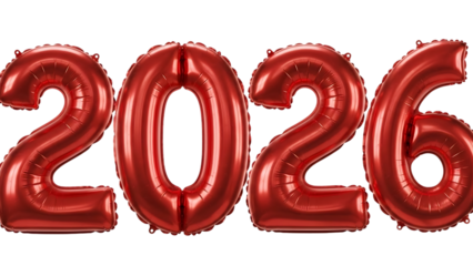 Glossy Red Foil Balloon Numbers Two Zero Two Six Celebrating New Year Event isolated on a transparent background
