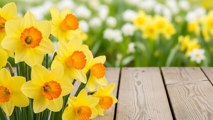 Yellow and orange daffodils on a wooden table in a garden with flowers