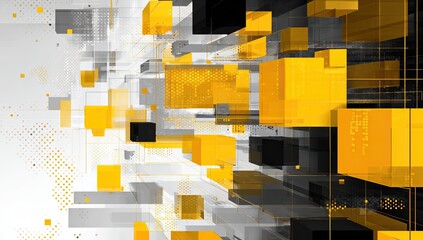 Abstract digital composition featuring geometric forms with a mix of yellow, black, and gray