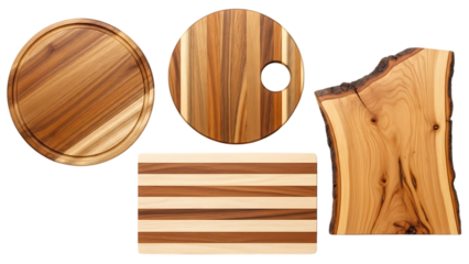 Set of four wooden slices with natural bark edges and smooth grain textures in light brown tones isolated on a transparent background