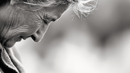 Black and white portrait of a senior woman with visible wrinkles, expressing deep thought or sadness.