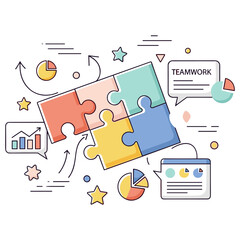 Fototapeta premium Colorful puzzle pieces representing teamwork and collaboration with graphs and charts