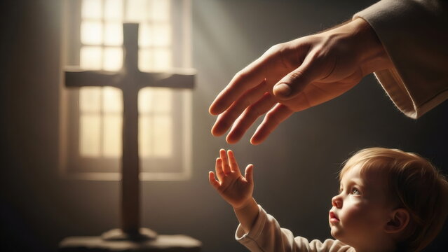 Jesus' hand extended toward the human hand of a small child against the backdrop of the crucifixion and sunset. Concepts of salvation, faith, and religious spiritual guidance.
