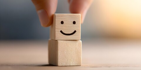 Business service concept, Hand touch smile emoticon for best rating with abstract, digital, management, space and client