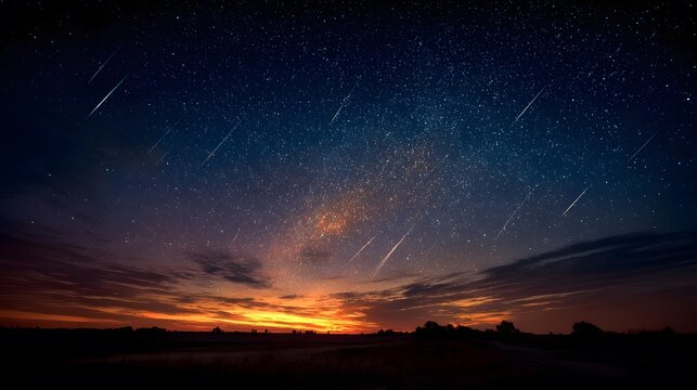 Stunning night sky is filled with a meteor shower and vibrant star trails over a silhouette landscape with a sunset gradient at the horizon. - Powered by Adobe
