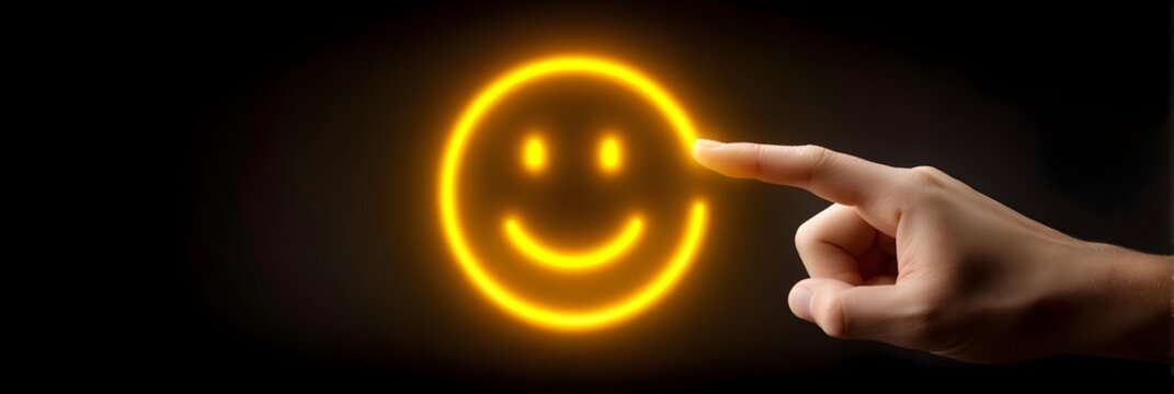 Business service concept, Hand touch smile emoticon for best rating with life, review, application, user and caucasian - Powered by Adobe