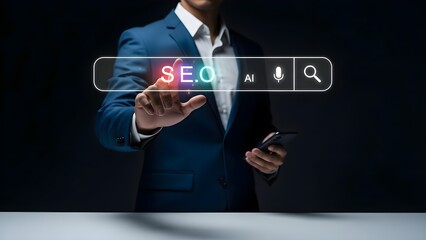 Businessman Using AI Powered SEO Search Interface with Digital Marketing Concept