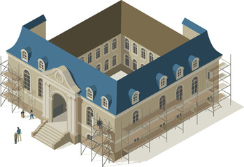Isometric architectural illustration of historical building under renovation with scaffolding, workers, blue roof, restoration project, and classical European design