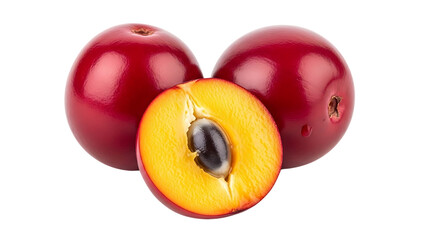 Two glossy red plums with one halved showing vibrant yellow flesh and pit isolated on a transparent background