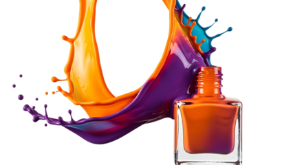 Vibrant Splashes of Orange Purple and Blue Liquid Exploding from Perfume Bottle isolated on a transparent background