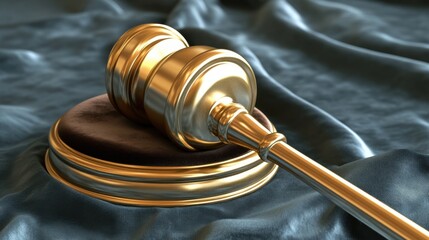 A polished brass gavel rests on a dark velvet cushion symbolizing law and justice
