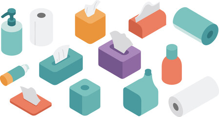 Obraz premium Isometric bathroom accessories illustration with tissue boxes, soap dispensers, paper rolls, towels, napkins, bottles, hygiene and cleaning product design
