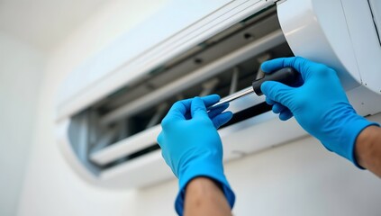 Close Up Technician Repairing Air Conditioner System with Screwdriver Indoors