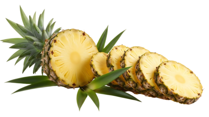 Whole and sliced ripe golden pineapple with green leaves on dark background isolated on a transparent background