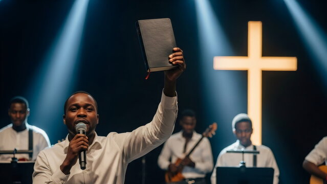 African American man preacher holding up bible and speaking into microphone during church service. Worship and ministry concept for spiritual growth. Baptist and Pentecostal services. Song to Jesus.
