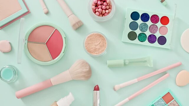 A set of professional decorative cosmetics on the table. Makeup products and accessories on blue-turquoise background. The beauty of natural look. Make-up, the concept of skin care. High quality 4k 