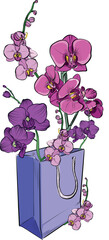 Gift bag with blooming phalaenopsis orchids illustration