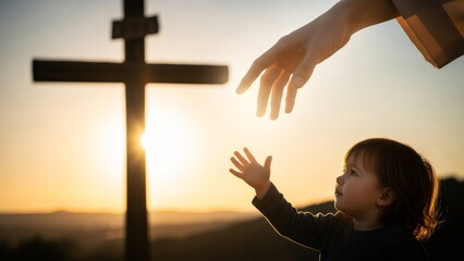 Jesus' hand extended toward the human hand of a small child against the backdrop of the crucifixion and sunset. Concepts of salvation, faith, and religious spiritual guidance.