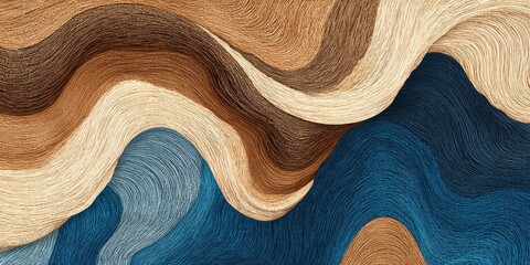 A stylized abstract artwork of flowing waves with gradients of brown, tan, and blue hues