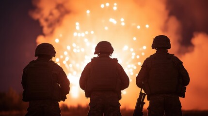 Obraz premium Three soldiers stand silhouetted against a fiery explosion at night, highlighting a dramatic military scene.