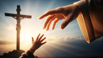 Jesus' hand extended toward the human hand of a small child against the backdrop of the crucifixion and sunset. Concepts of salvation, faith, and religious spiritual guidance.