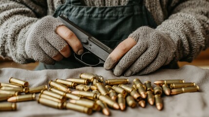Obraz premium A person wearing gloves is handling a handgun above a table scattered with bullets and ammunition.