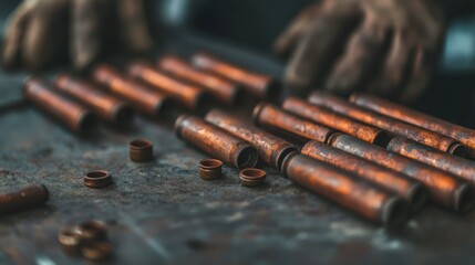 Rusty copper pipes and fittings are arranged on a workbench, with a pair of gloved hands working in the background.