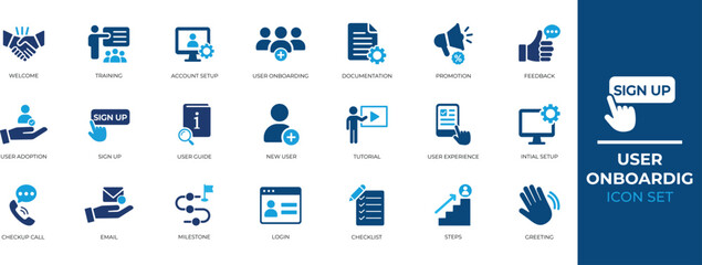 User onboarding icon set for saas ui ux design. vector solid symbols for app walkthrough, progress bar, checklist, feedback, and customer setup guide. © SokretiRani