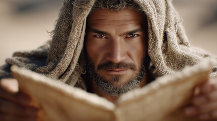 Hooded Biblical Man Holding Opened Old Book
